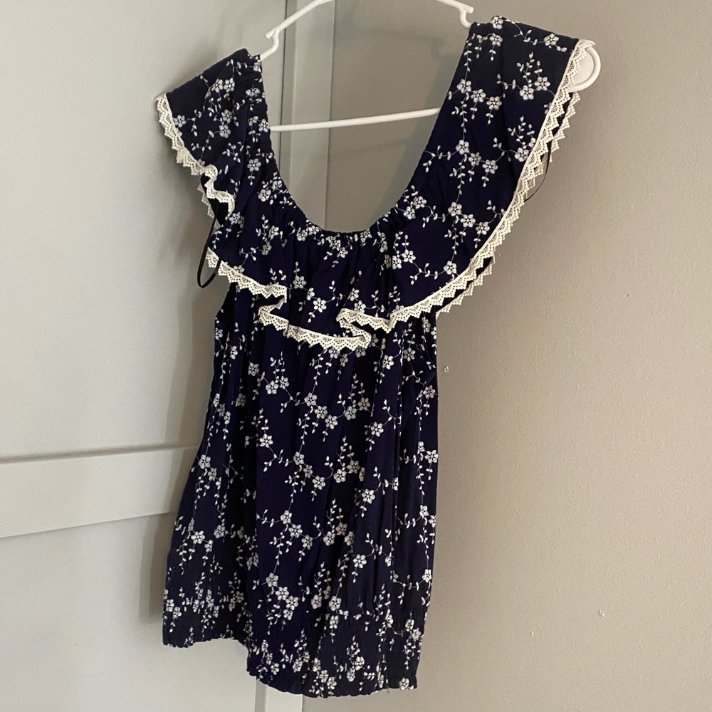 blue and white floral blouse